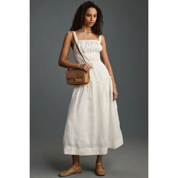 New Anthropologie Square-Neck Linen Midi Dress Size Large - Picture 1 of 14